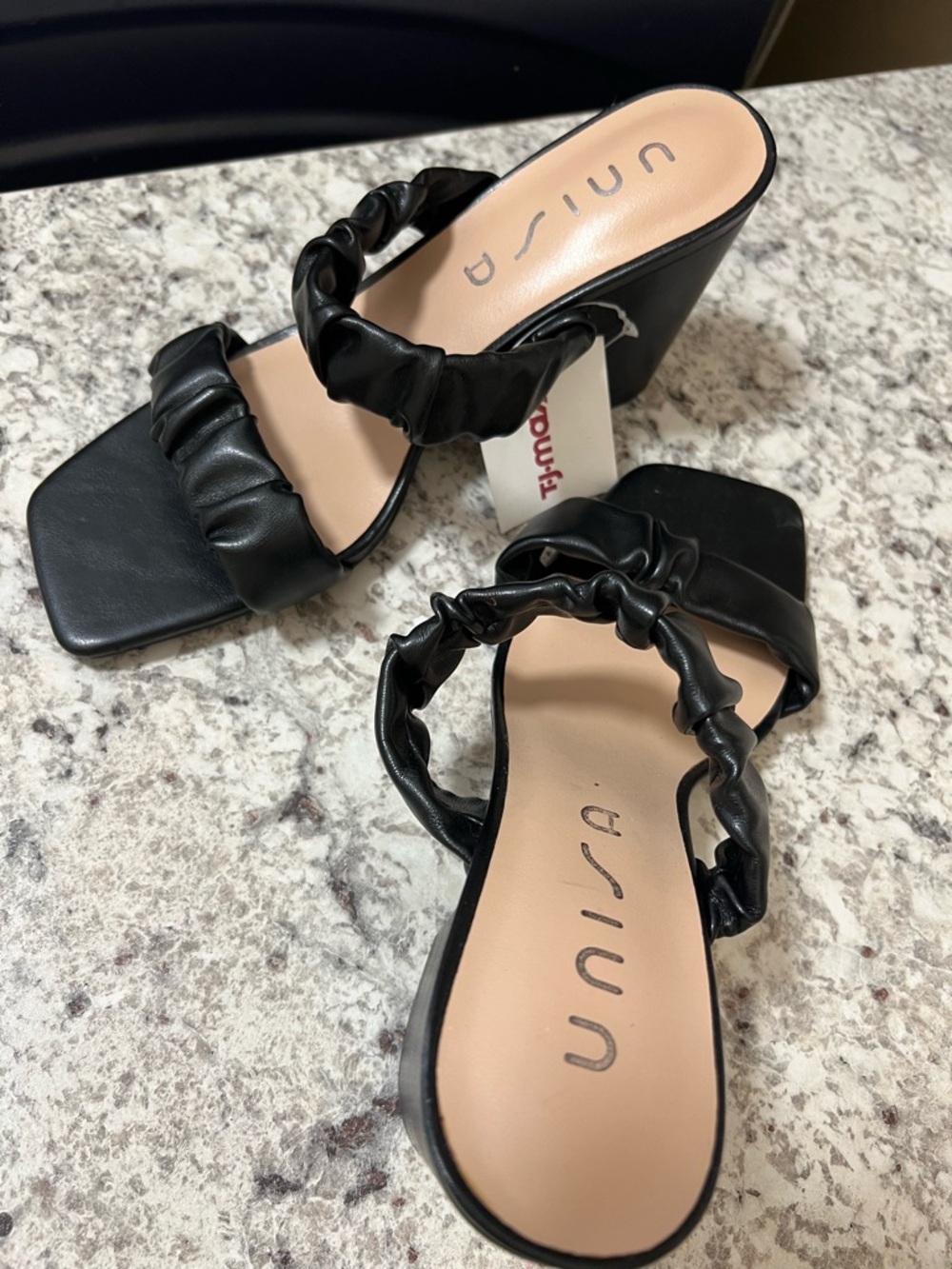 Unisa Black Ruched Strap Block Heel Mules